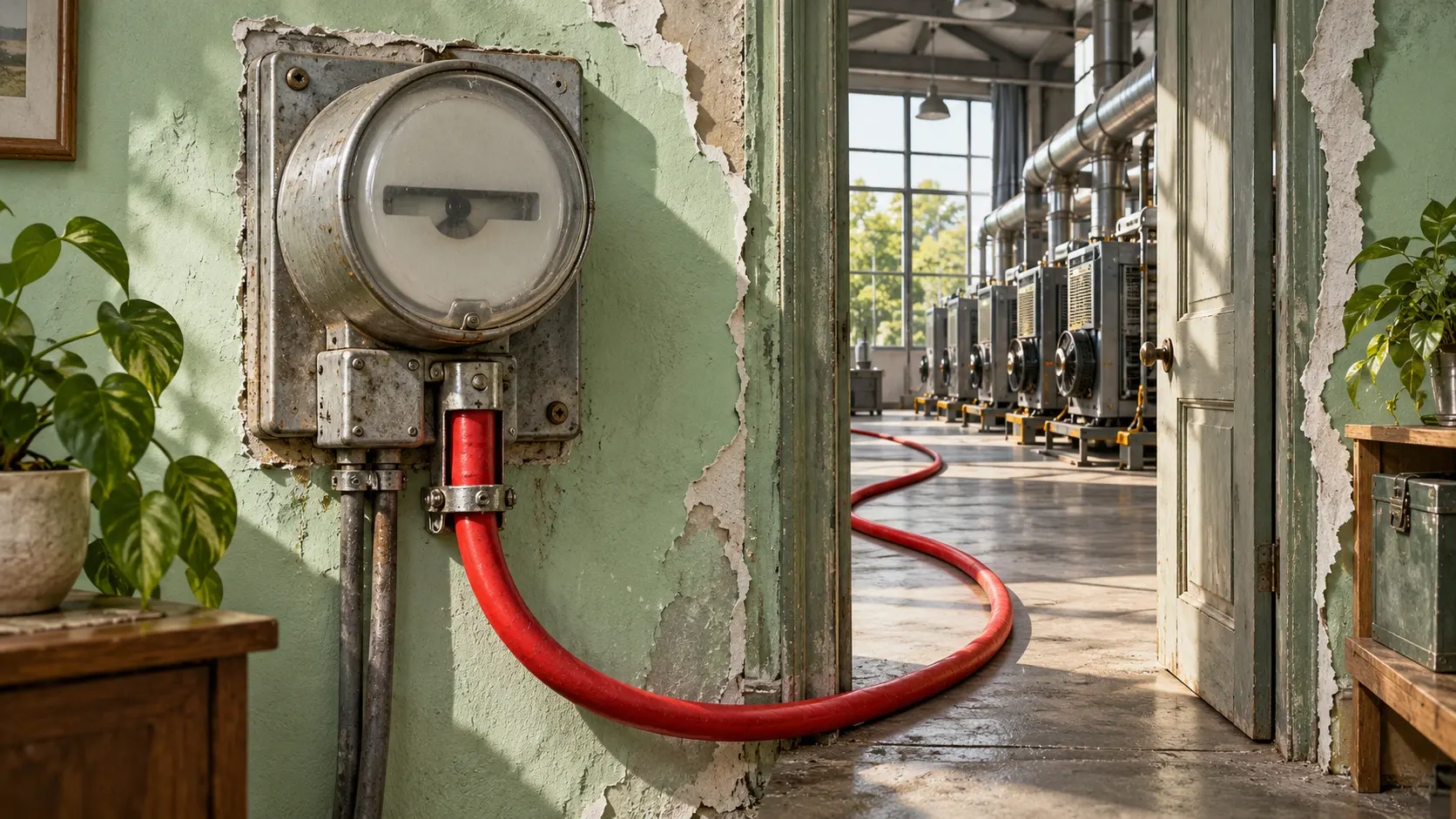 A weathered electricity meter feeds a thick red cable through an open doorway toward industrial machines.