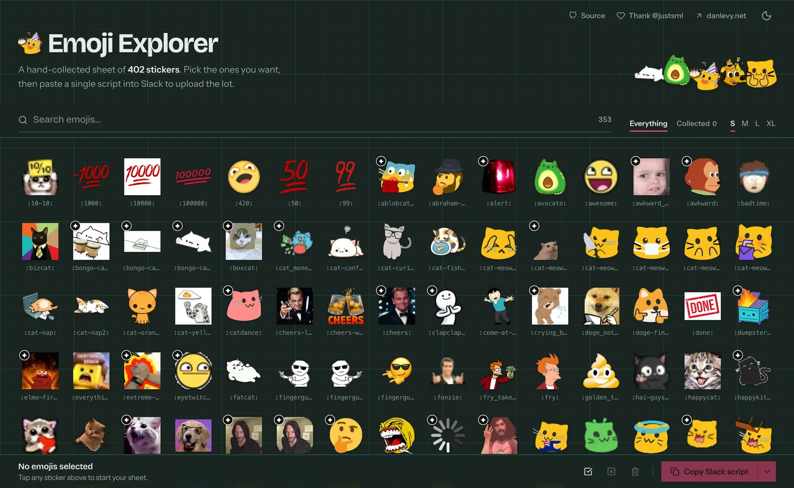 Emoji Explorer's grid of custom emoji stickers