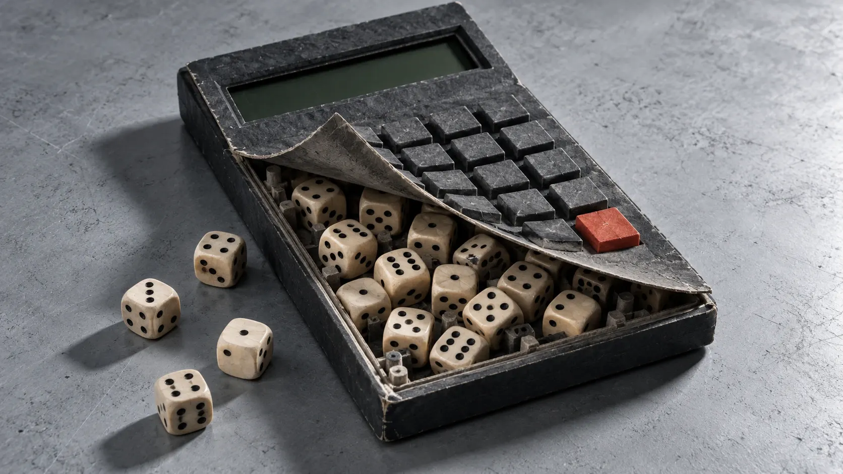 A charcoal calculator with its keypad peeled back reveals dice inside, with loose dice on the workbench.