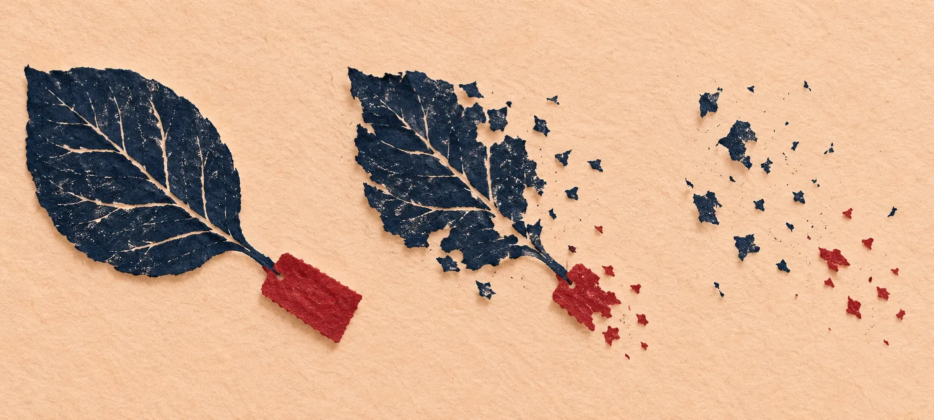 Indigo paper leaves and their attached red tags progressively disappear into matching fragments.