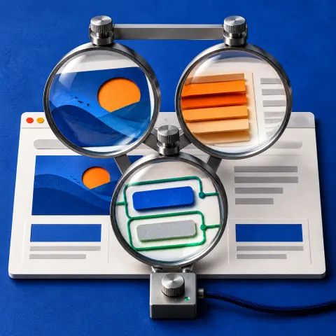 Three linked inspection lenses reveal a paper website's visual layout, orange profiling strips, and green keyboard-focus outlines.