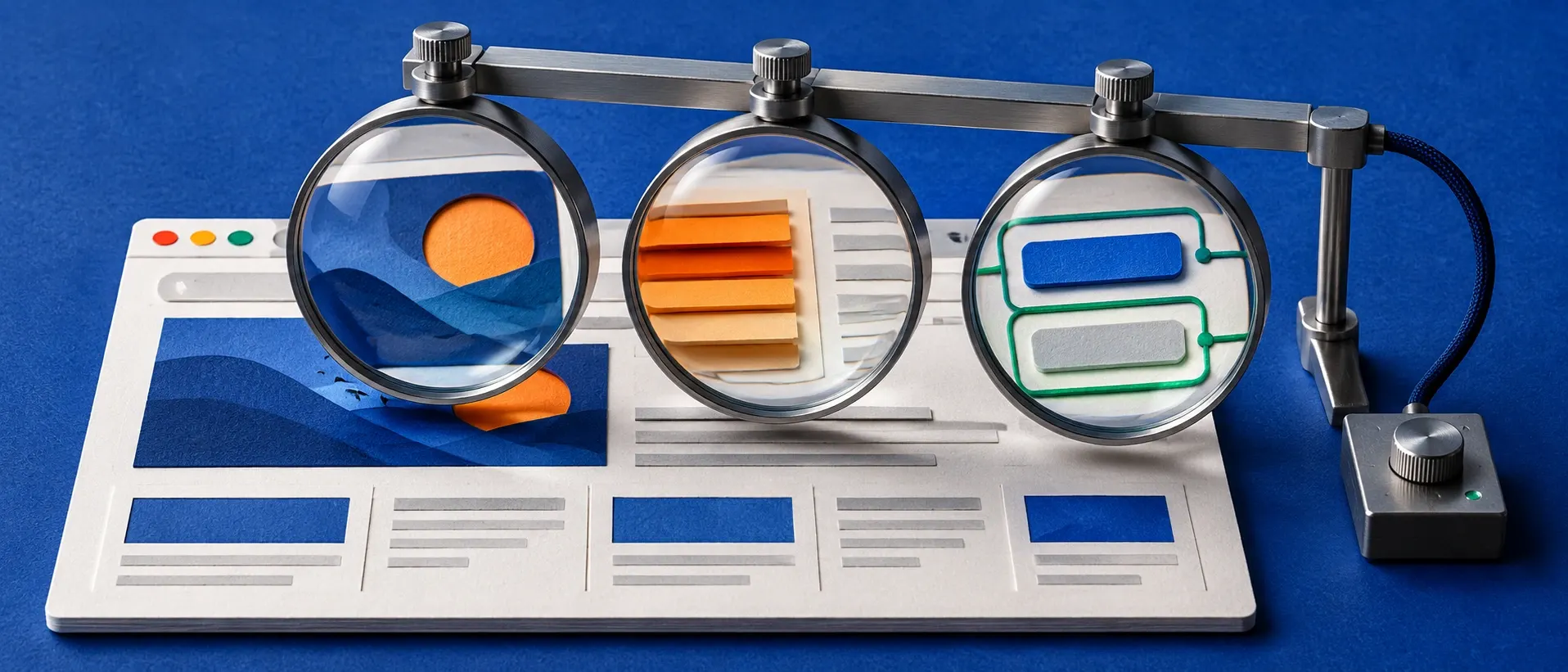 Three linked inspection lenses reveal a paper website's visual layout, orange profiling strips, and green keyboard-focus outlines.