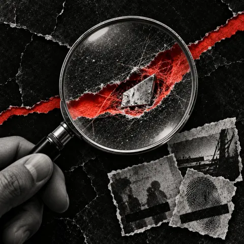 A silver magnifying glass reveals torn vermilion paper fibers and a metal fragment amid black paper and monochrome evidence scraps.