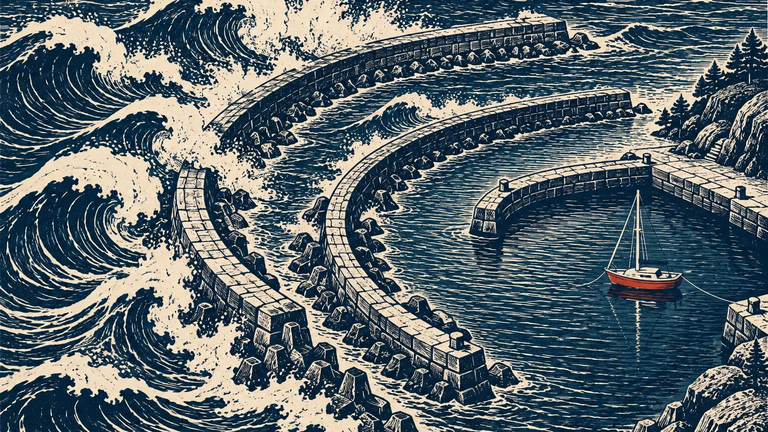 A navy linocut of a small harbor where three curved breakwaters absorb huge waves, leaving a red sailboat in calm water.