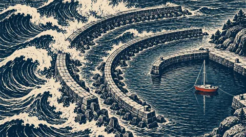 A navy linocut of a small harbor where three curved breakwaters absorb huge waves, leaving a red sailboat in calm water.