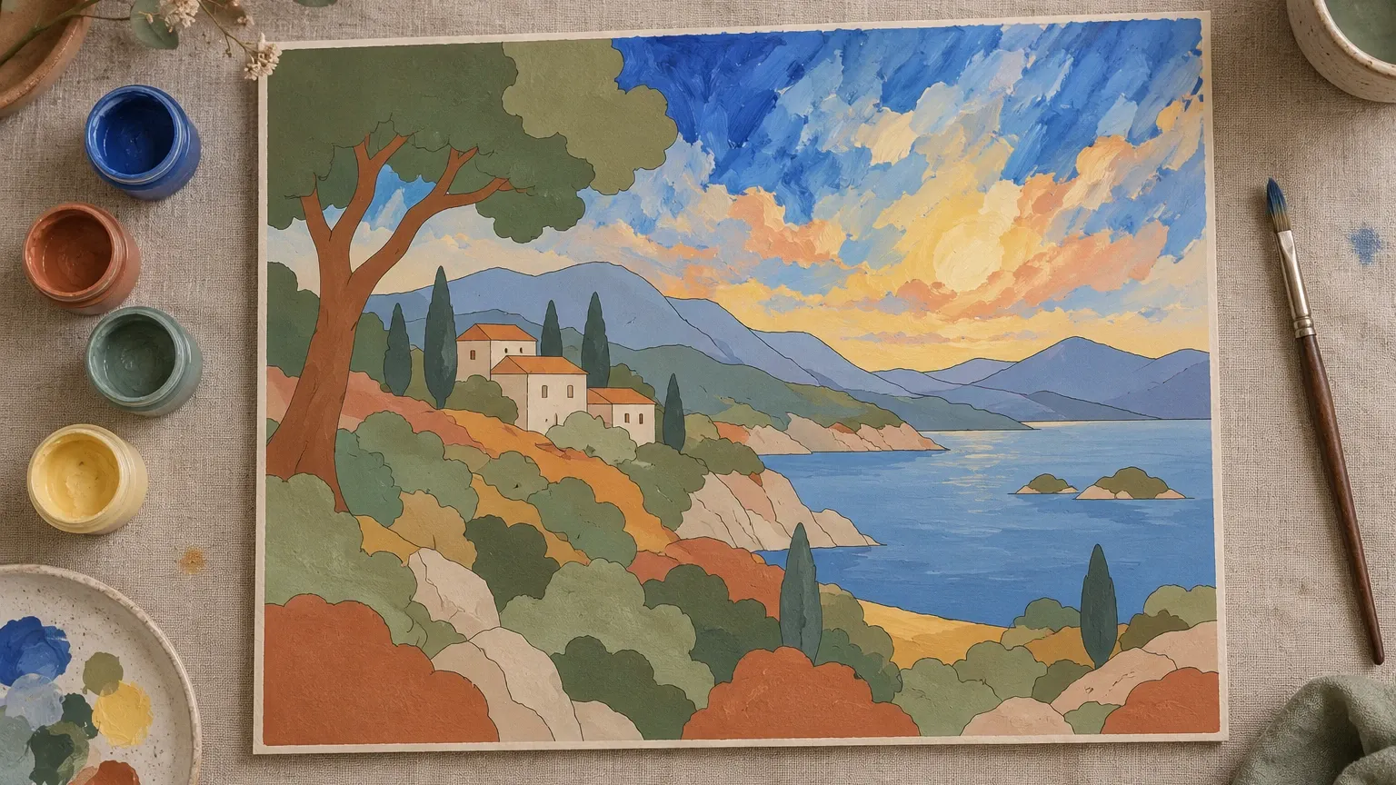 A paint-by-numbers landscape filled precisely in flat regions, except for a sky painted in loose, expressive brushstrokes.