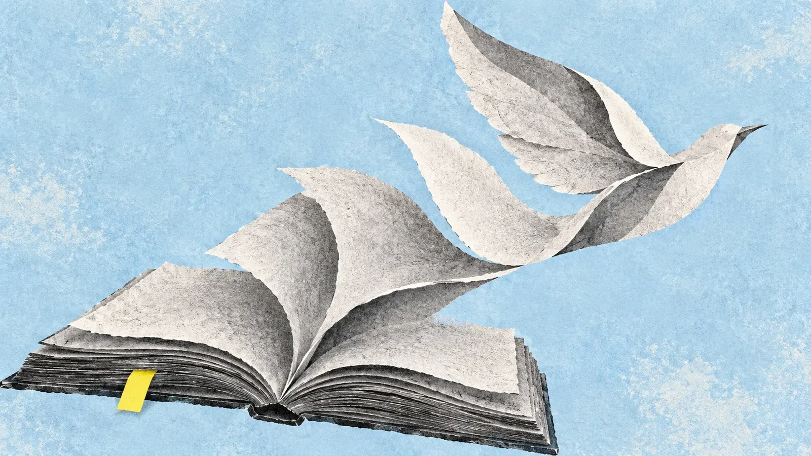An open graphite paper book with a yellow bookmark has lifting pages that become the sweeping wings of a paper bird on pale blue printed stock.