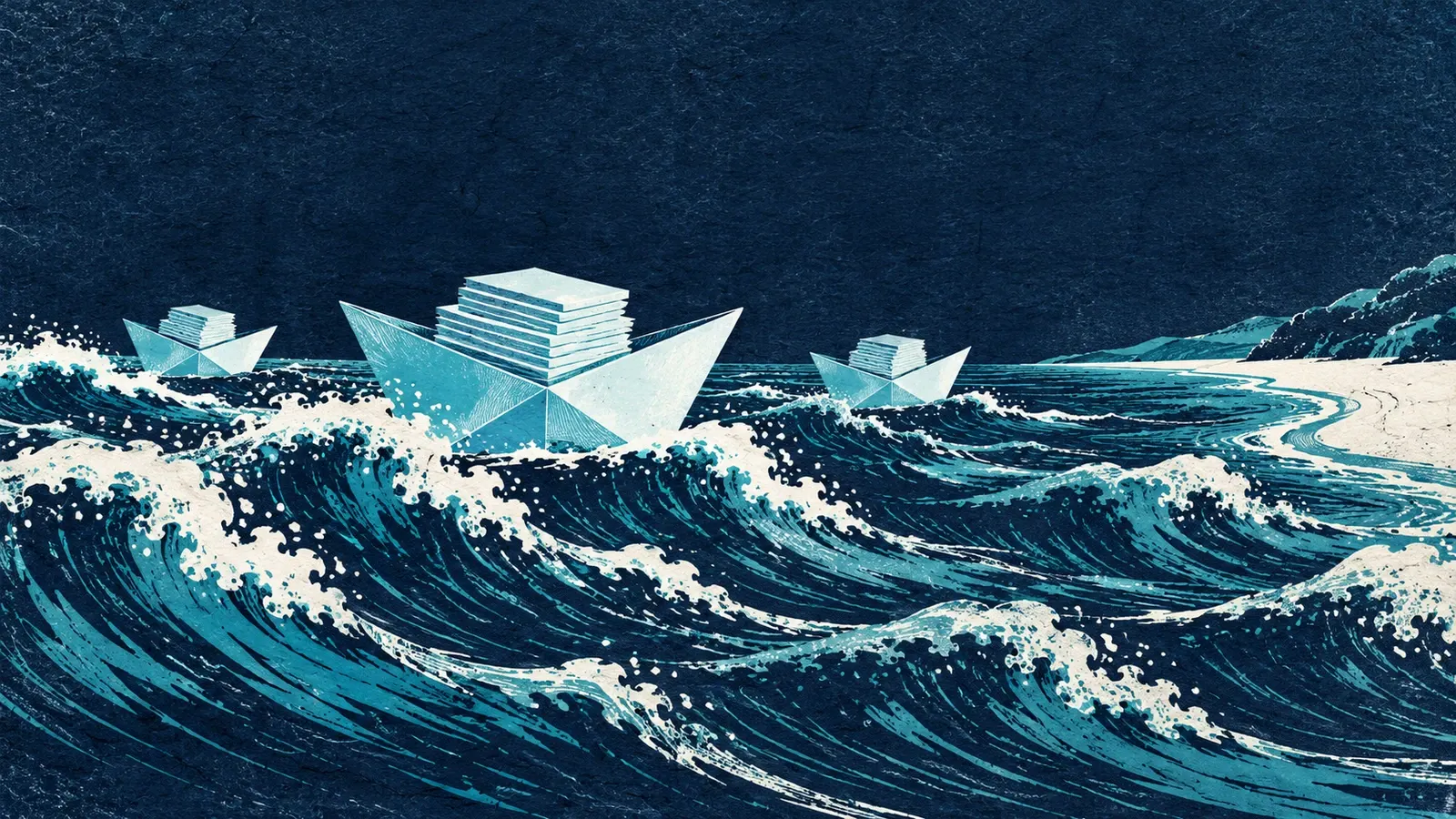 A paper boat carries a stack of sheets across indigo and cyan printed waves toward a curved shore.
