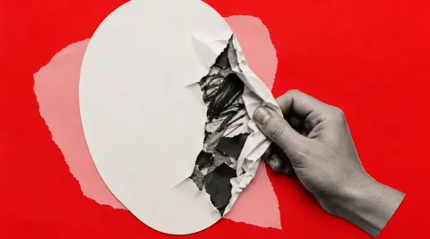A monochrome cut-photo hand peels the smooth surface of a blank white paper oval to expose rough charcoal strokes against scarlet and pink paper.