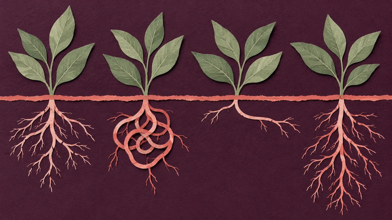 Similar sage paper shoots reveal contrasting pink root systems beneath a coral ground line on plum paper.