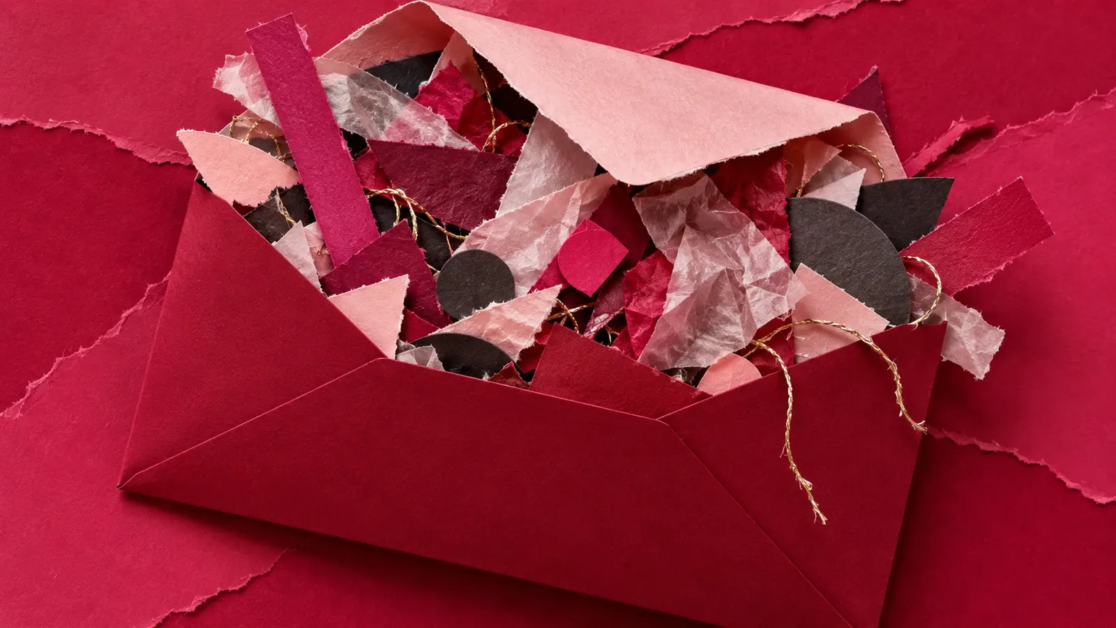 A crimson envelope bulges with mismatched torn paper shapes and trailing threads on a blush field.