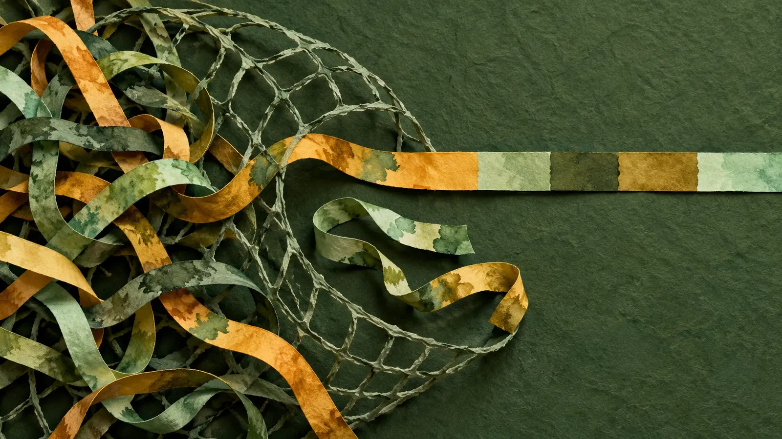 A loose paper net gathers tangled moss and saffron ribbons while one ribbon straightens into five adjoining colored segments.