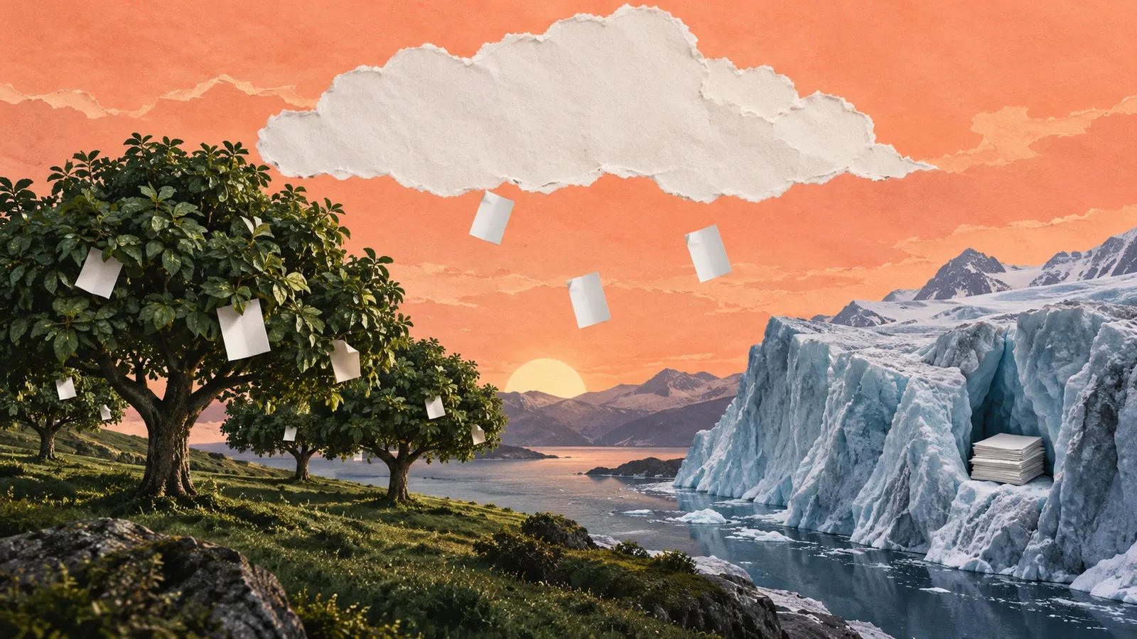 A broad torn-paper cloud drops paper records toward a leafy orchard on one side and a glacial archival landscape on the other.