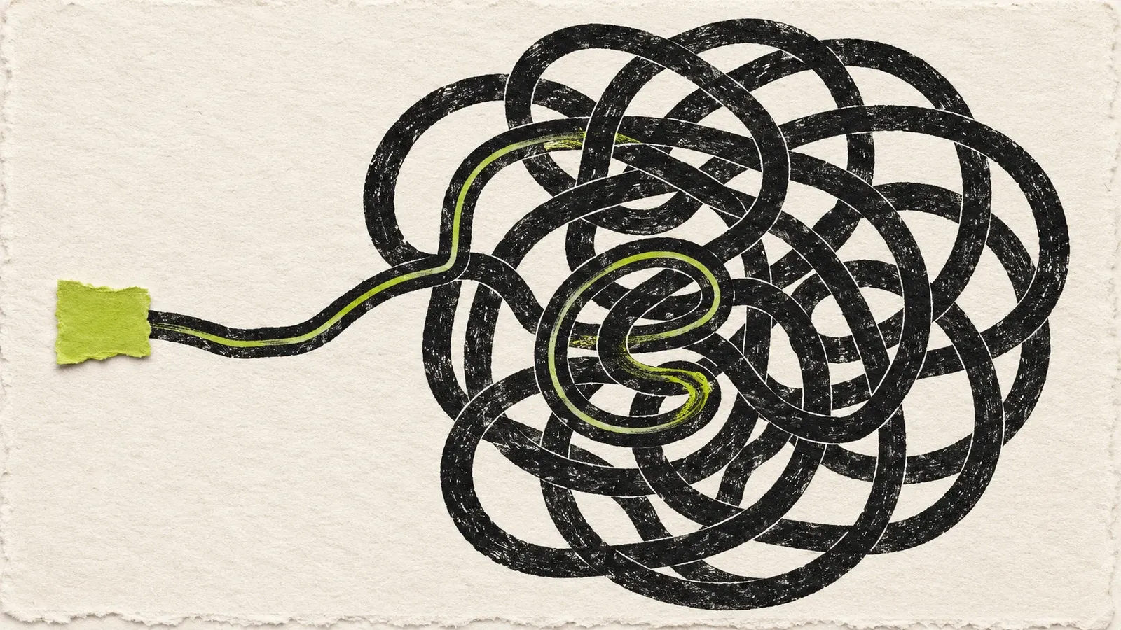 A tiny chartreuse paper slip feeds a massive looping black ink path, with a green trace doubling back within the tangle.