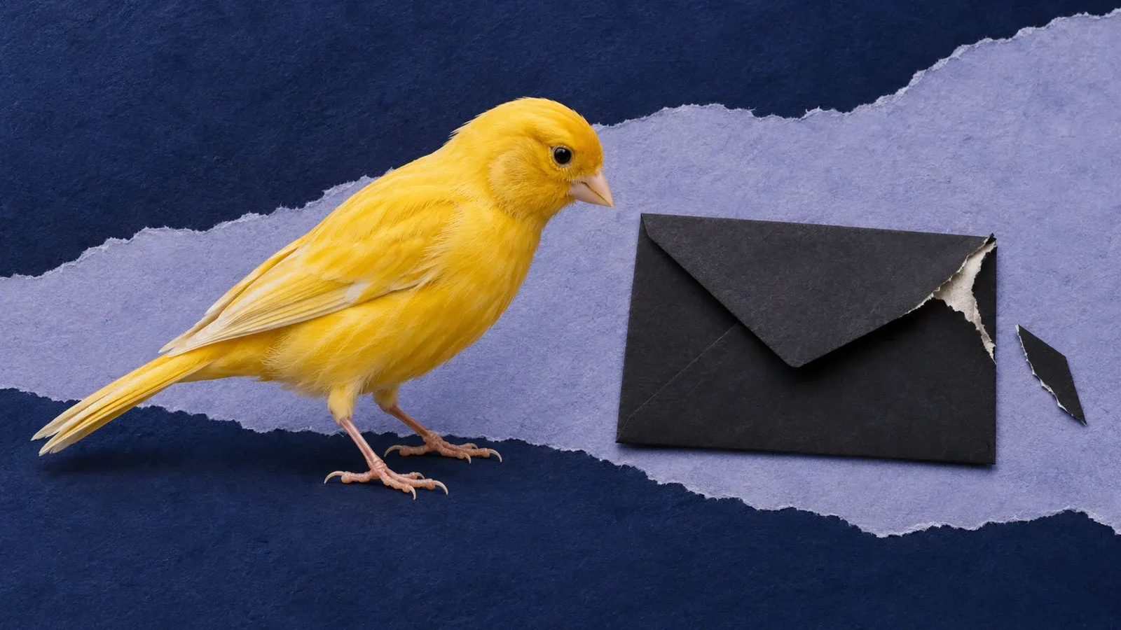A yellow canary watches a black envelope with a torn-open corner and a loose paper fragment on navy and lavender paper.