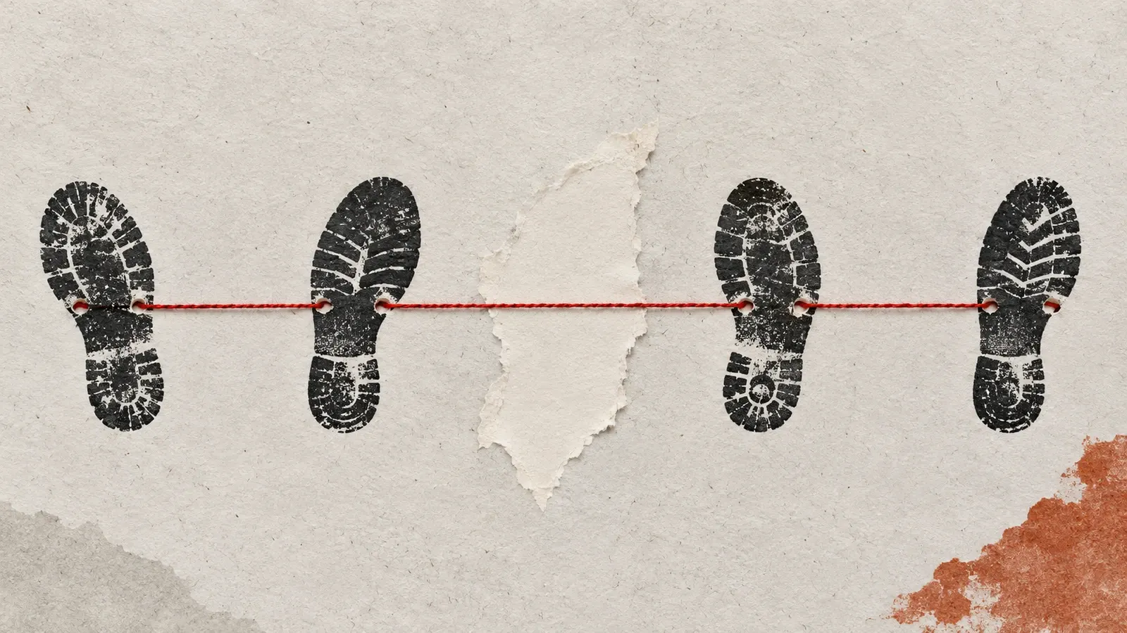A red thread connects black printed shoe soles across a torn blank gap where historical footsteps are missing.