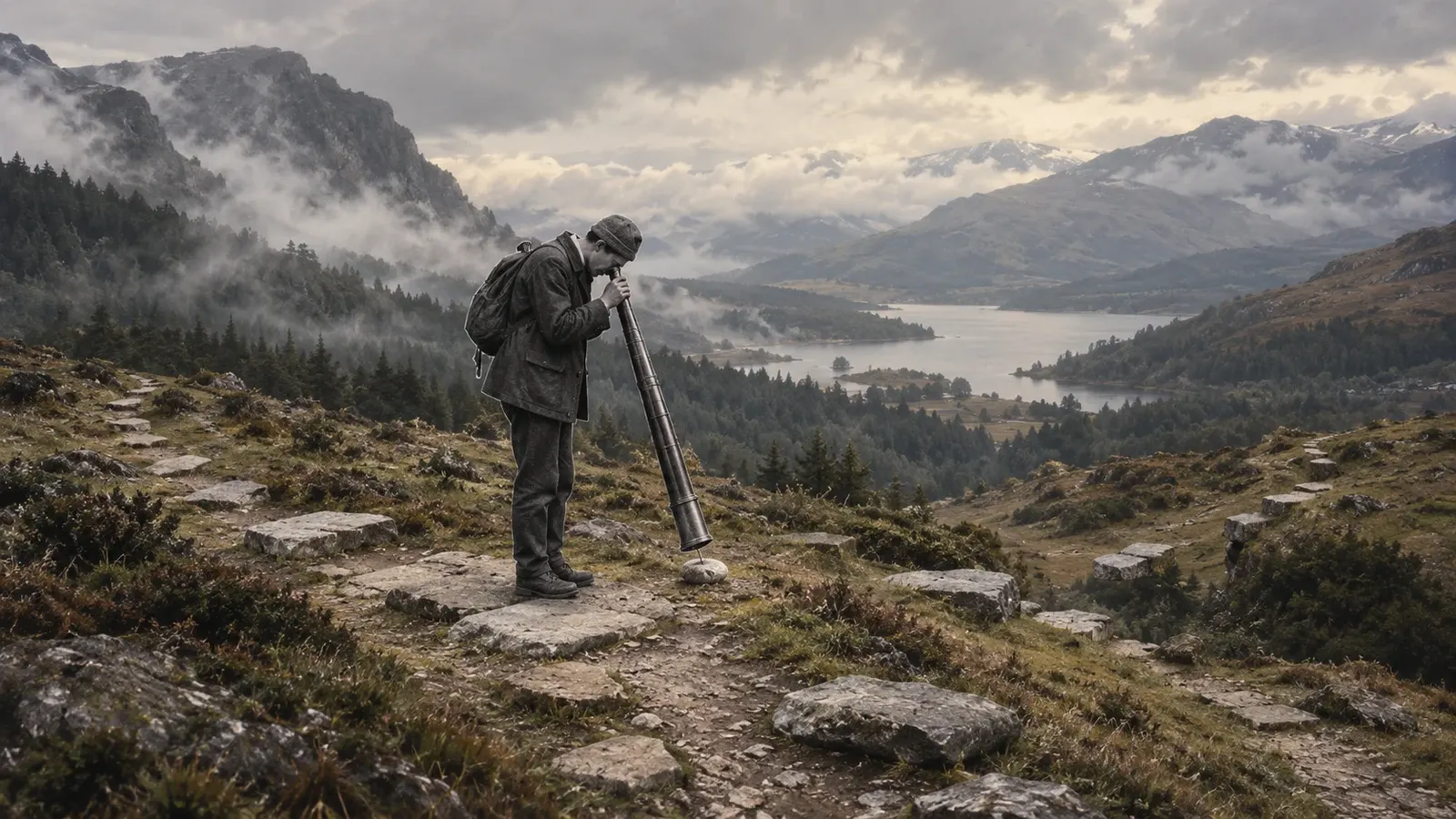 An explorer peers downward through a long telescope at one tiny stone while disconnected paths and an expansive misty mountain valley surround them.