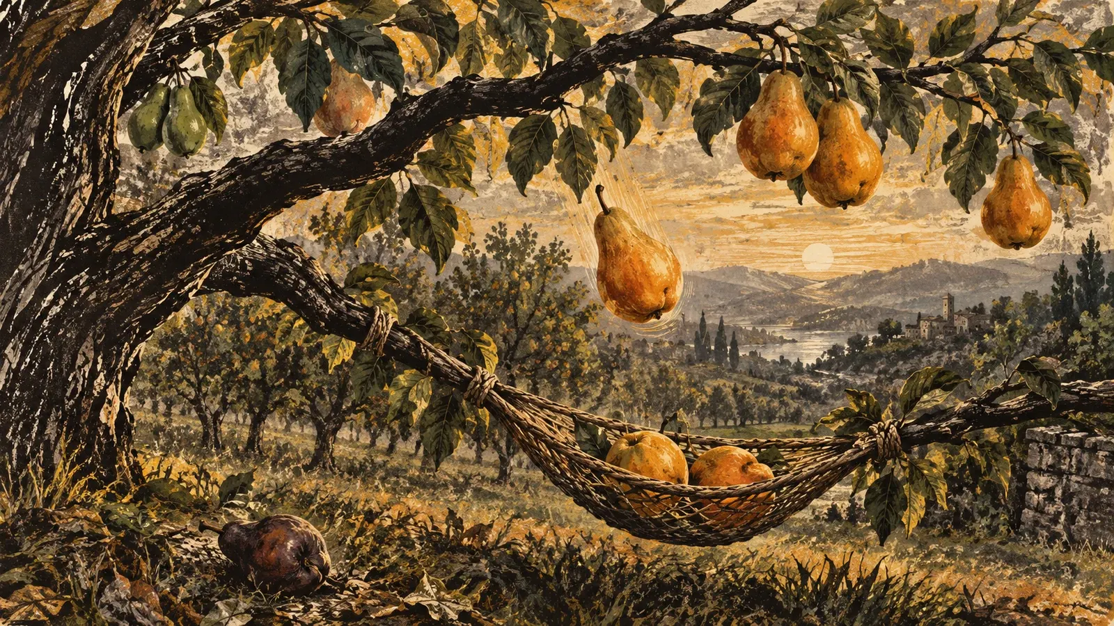 Green and golden pears hang from a dark orchard branch while a falling pear approaches a woven harvest sling and bruised fruit lies below.