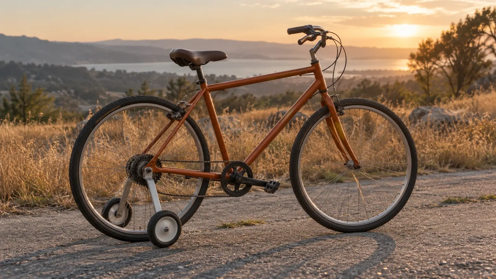 A russet bicycle's rear wheel is supported by two small stabilizer wheels on weathered pavement in warm outdoor light.
