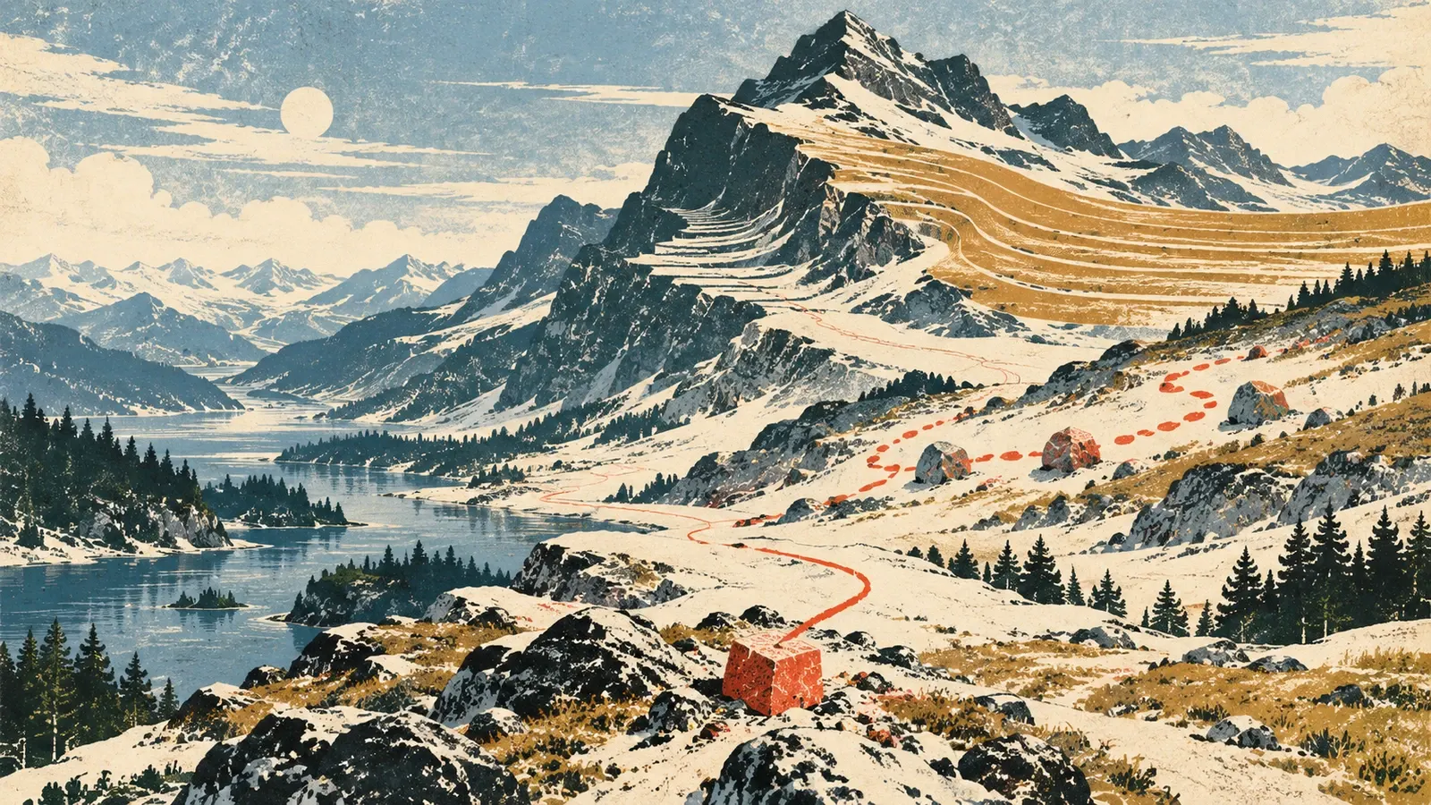A woodcut alpine landscape combines layered mountain strata, similar marked stones and one square vermilion stone at the end of a red path.