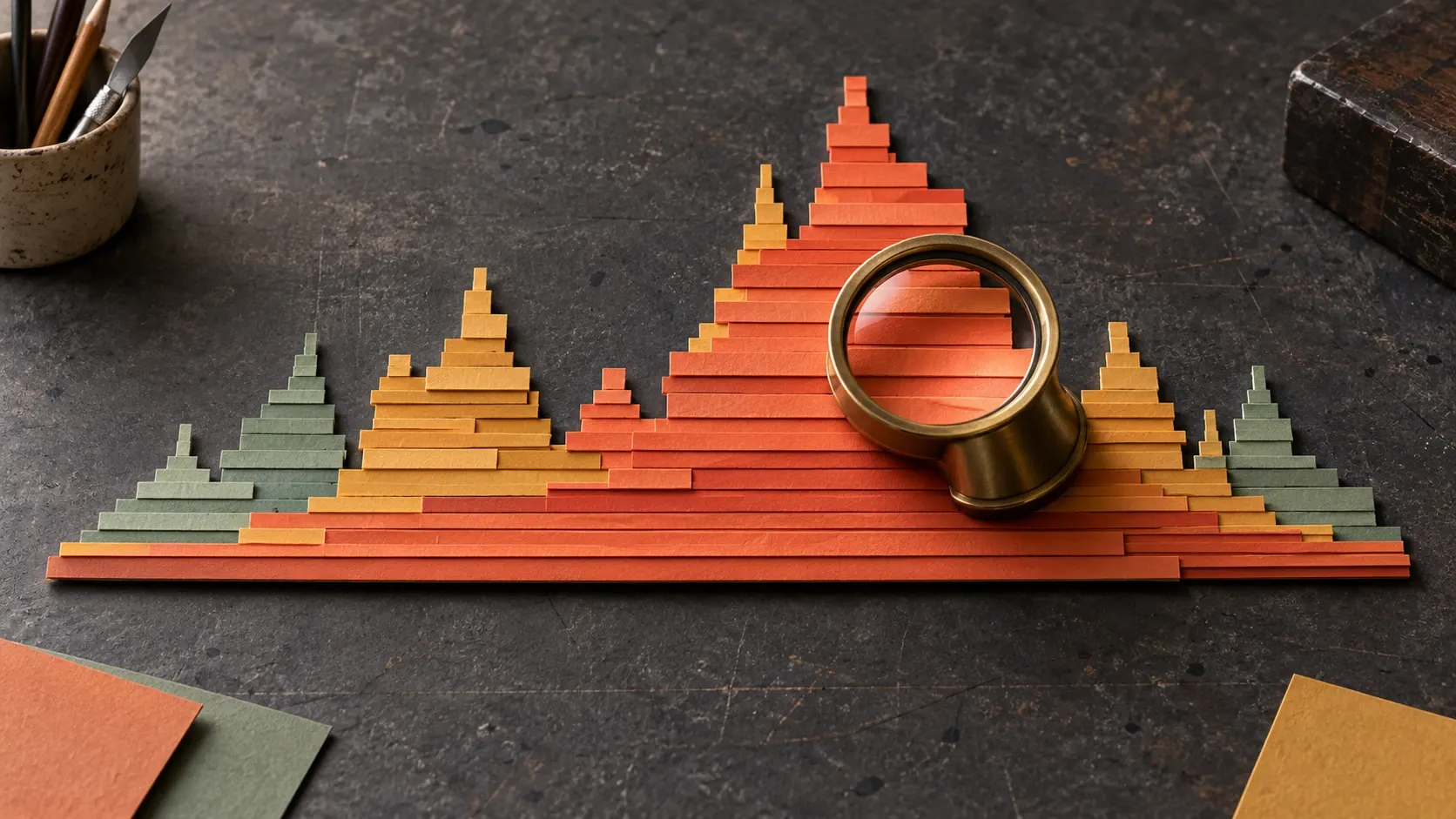 A brass inspection loupe highlights the broad orange branch of a flame graph built from layered paper.